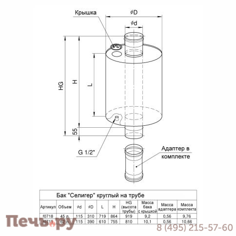 Бак Феррум Селигер 45 л круглый на трубе (AISI 201/1.0) фото 2