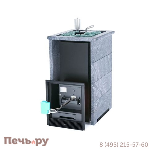 Банная печь ИзиСтим Геленджик в трехстороннем кожухе Талькохлорит с открытым верхом, с газовой горелкой фото 2