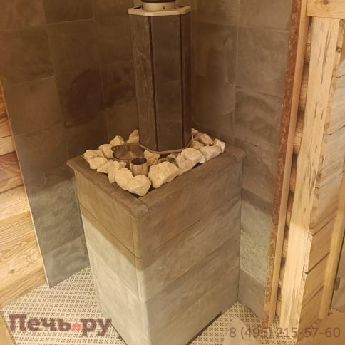 Банная печь ИзиСтим Геленджик в трехстороннем кожухе Талькохлорит с открытым верхом, с газовой горелкой фото 4