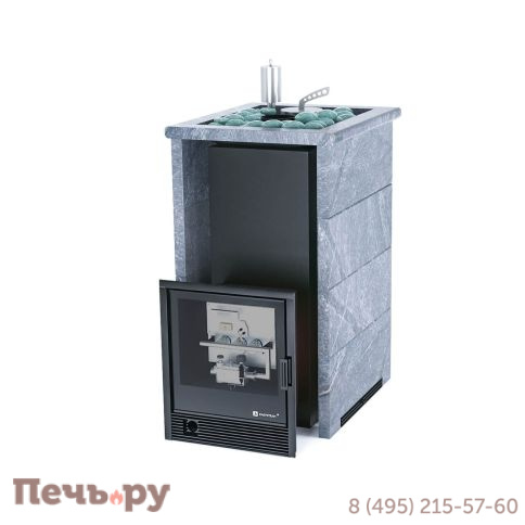 Банная печь ИзиСтим Геленджик в трехстороннем кожухе Талькохлорит с открытым верхом, с газовой горелкой фото
