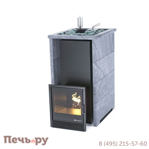 Банная печь ИзиСтим Геленджик в трёхстороннем кожухе с открытым верхом из талькохлорита фото