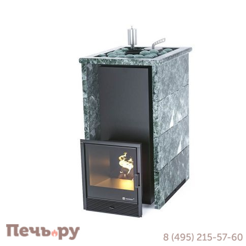 Банная печь ИзиСтим Геленджик в трёхстороннем кожухе с открытым верхом из змеевика фото