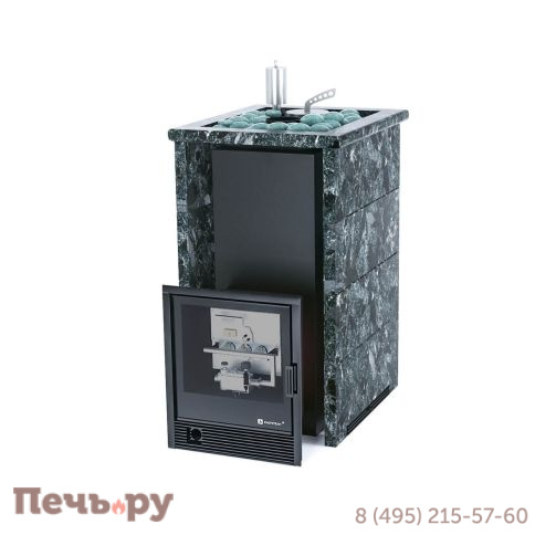 Банная печь ИзиСтим Сочи в трехстороннем кожухе Пироксенит с открытым верхом с газовой горелкой фото