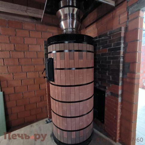 Банная печь КДМ с обращенным пламенем Обращенка в кирпичной облицовке фото 2