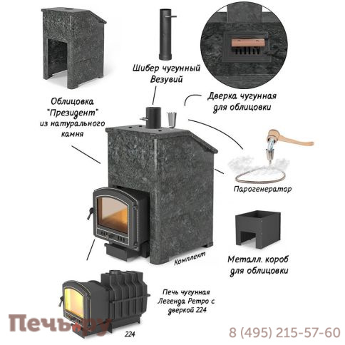 Банная печь Везувий Легенда Ретро 224 в облицовке Президент фото 4