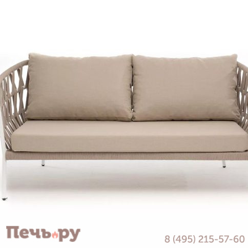 Диван 2-местный плетеный из роупа 4SiS Диего, каркас алюминий белый муар, роуп бежевый круглый, ткань бежевая 052 фото 2