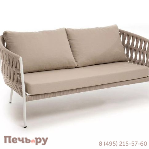 Диван 2-местный плетеный из роупа 4SiS Диего, каркас алюминий белый муар, роуп бежевый круглый, ткань бежевая 052 фото 3