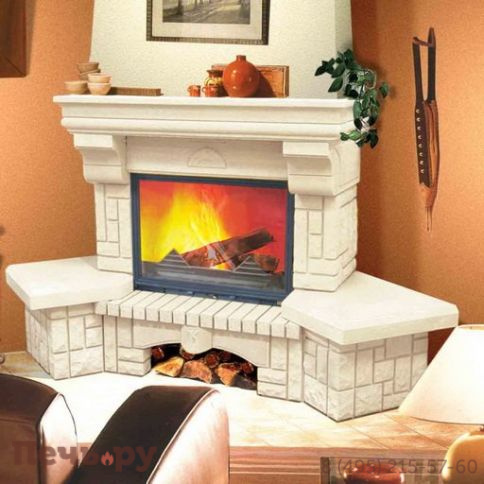 Камин Мета (облицовка Ария (белая) и топка Эльба 700 П) фото