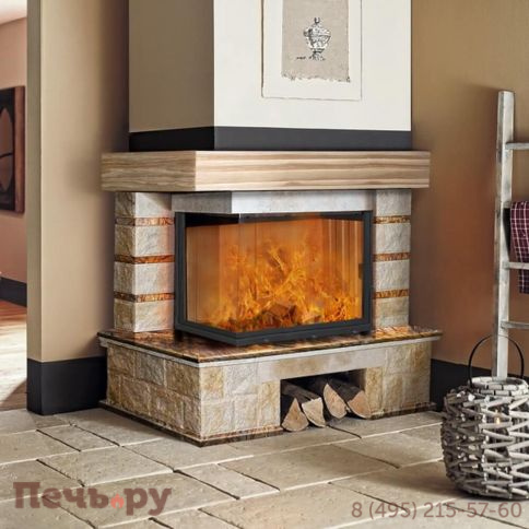 Каминная облицовка ЭкоКамин Ландыш угловой, Bidaser brown, балка ясень фото 2