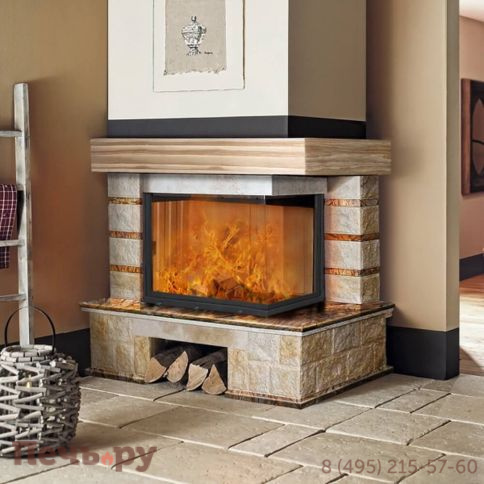 Каминная облицовка ЭкоКамин Ландыш угловой, Bidaser brown, балка ясень фото