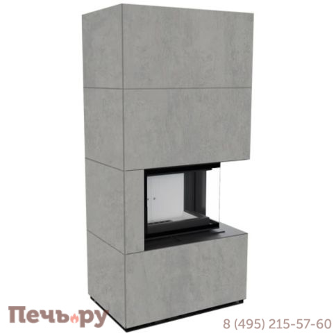 Каминокомплект Kratki Pro Floki в облицовке Cemento Grigio Bocciardata, угловое стекло справа фото
