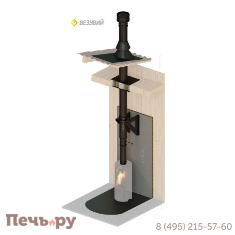 Комплект дымохода Везувий, д. 115 мм, нержсталь, черный, проход через крышу, верхний выход фото