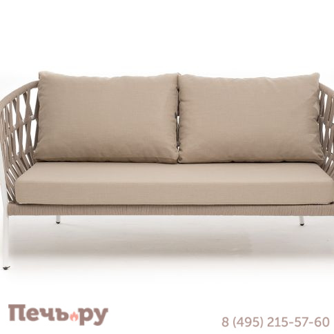 "Диего" диван 2-местный плетеный из роупа, каркас алюминий белый муар, роуп бежевый круглый, ткань бежевая 035 фото 2