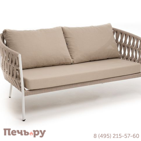 "Диего" диван 2-местный плетеный из роупа, каркас алюминий белый муар, роуп бежевый круглый, ткань бежевая 035 фото 3