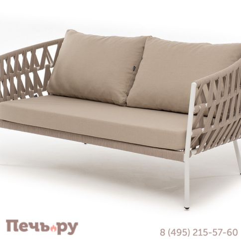 "Диего" диван 2-местный плетеный из роупа, каркас алюминий белый муар, роуп бежевый круглый, ткань бежевая 035 фото