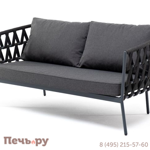 "Диего" диван 2-местный плетеный из роупа, каркас алюминий темно-серый (RAL7024) муар, роуп темно-серый круглый, ткань темно-серая 027 фото