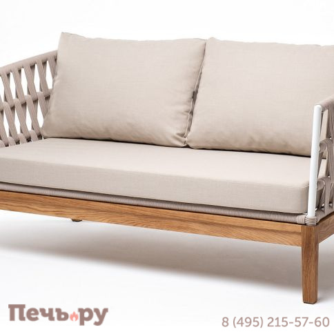 "Диего" диван 2-местный плетеный из роупа, основание дуб, каркас алюминий белый муар, роуп бежевый круглый, ткань бежевая 035 фото