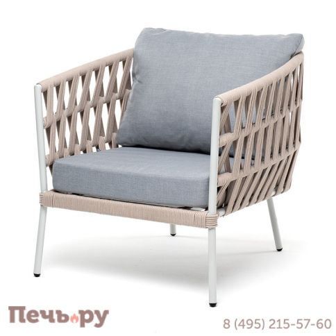 "Диего" кресло плетеное из роупа, каркас алюминий светло-серый (RAL7035) муар, роуп бежевый круглый, ткань светло-серая фото