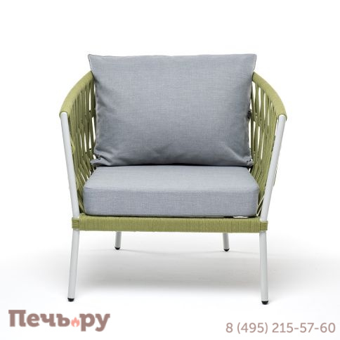 "Диего" кресло плетеное из роупа, каркас алюминий светло-серый (RAL7035) муар, роуп салатовый меланж круглый, ткань светло-серая фото 2