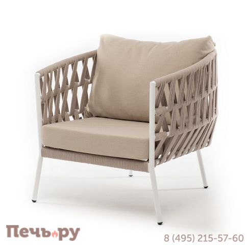 "Диего" кресло плетеное из роупа, каркас алюминий светло-серый (RAL7035) шагрень, роуп бежевый круглый, ткань бежевая 052 фото