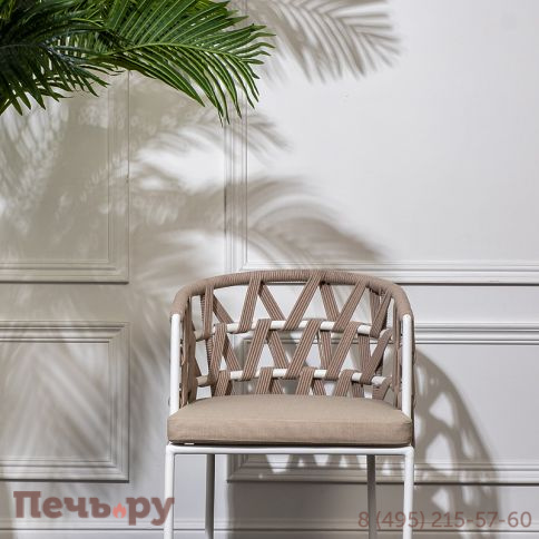 "Диего" стул плетеный из роупа, каркас из стали белый муар, роуп бежевый круглый, ткань бежевая 052 фото 11