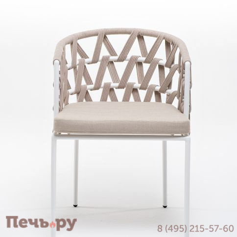 "Диего" стул плетеный из роупа, каркас из стали белый муар, роуп бежевый круглый, ткань бежевая 052 фото 3