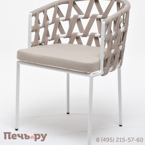 "Диего" стул плетеный из роупа, каркас из стали белый муар, роуп бежевый круглый, ткань бежевая 052 фото