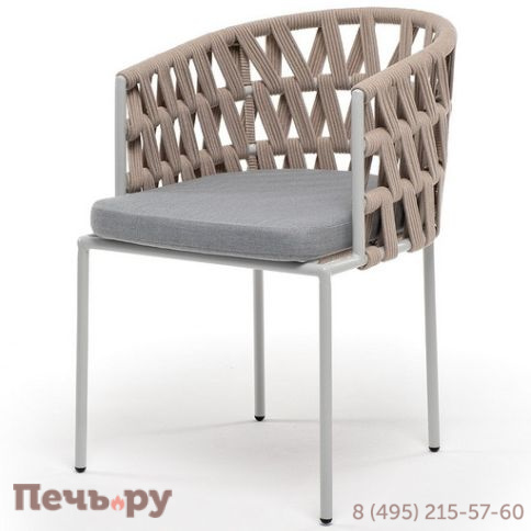 "Диего" стул плетеный из роупа, каркас из стали светло-серый (RAL7035) муар, роуп бежевый круглый, ткань светло-серая фото