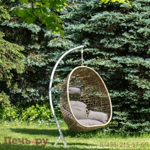 "Флоренция" подвесное кресло-кокон из искусственного ротанга, цвет соломенный с серой подушкой фото 2