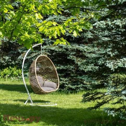 "Флоренция" подвесное кресло-кокон из искусственного ротанга, цвет соломенный с серой подушкой фото 3