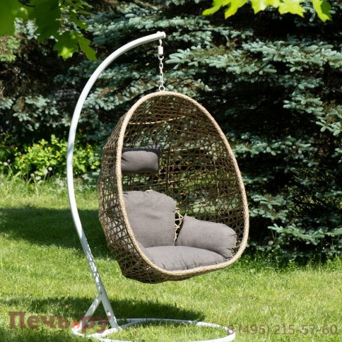 "Флоренция" подвесное кресло-кокон из искусственного ротанга, цвет соломенный с серой подушкой фото