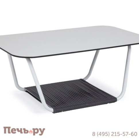 "Гранада" журнальный стол 90х60см из HPL, цвет "молочный", каркас белый муар, роуп темно-серый круглый фото