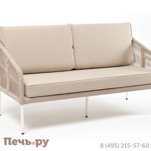 "Канны" диван 2-местный плетеный из роупа, каркас алюминий белый муар, роуп бежевый круглый, ткань бежевая 052 фото 3