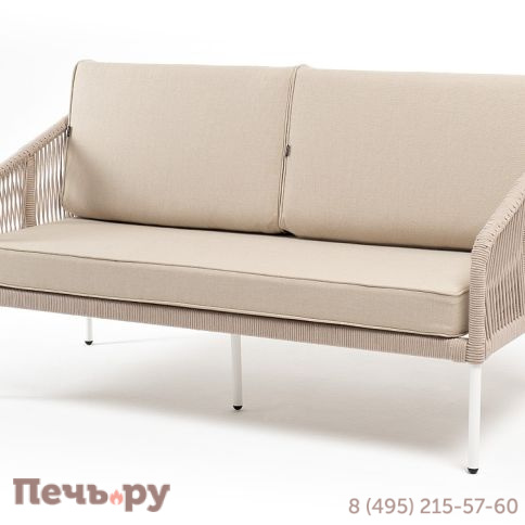 "Канны" диван 2-местный плетеный из роупа, каркас алюминий белый муар, роуп бежевый круглый, ткань бежевая 15052 фото