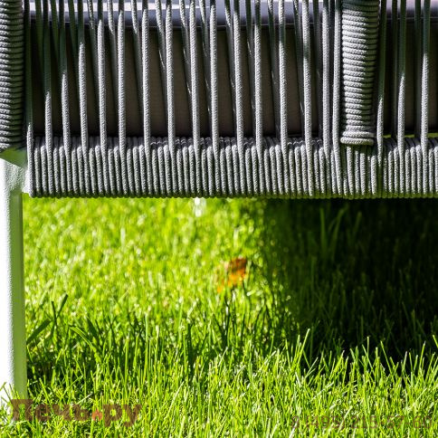 "Канны" диван 2-местный плетеный из роупа, каркас алюминий белый муар, роуп светло-серый круглый, ткань серая 017 фото 4