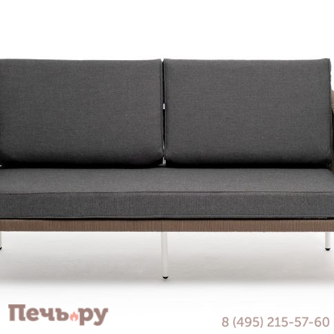 "Канны" диван 2-местный плетеный из роупа, каркас алюминий белый, роуп коричневый круглый, ткань серая фото 2