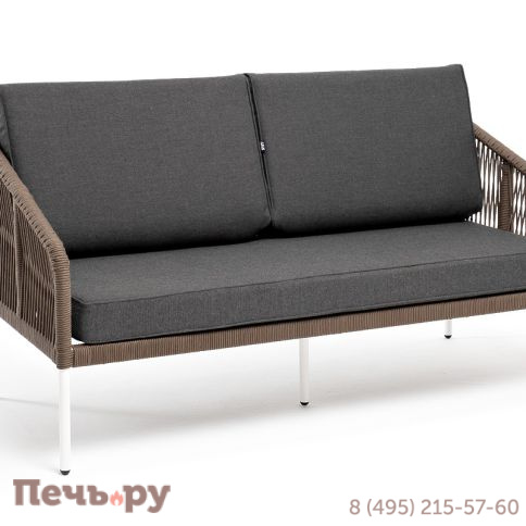 "Канны" диван 2-местный плетеный из роупа, каркас алюминий белый, роуп коричневый круглый, ткань серая фото 3