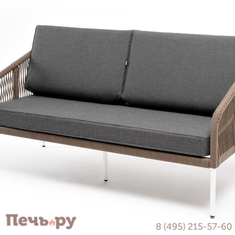 "Канны" диван 2-местный плетеный из роупа, каркас алюминий белый, роуп коричневый круглый, ткань серая фото