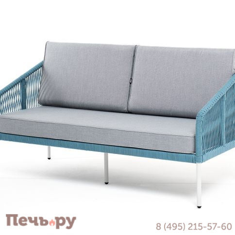 "Канны" диван 2-местный плетеный из роупа, каркас алюминий светло-серый (RAL7035) муар, роуп бирюзовый круглый, ткань светло-серая фото