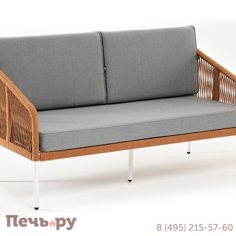 "Канны" диван 2-местный плетеный из роупа, каркас алюминий светло-серый (RAL7035) муар, роуп оранжевый меланж круглый, ткань светло-серая фото 3