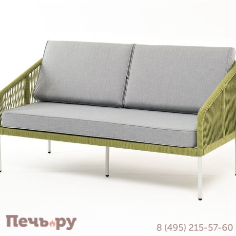 "Канны" диван 2-местный плетеный из роупа, каркас алюминий светло-серый (RAL7035) муар, роуп салатовый меланж круглый, ткань светло-серая фото