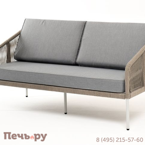 "Канны" диван 2-местный плетеный из роупа, каркас алюминий светло-серый (RAL7035) шагрень, роуп серый меланж круглый, ткань светло-серая фото