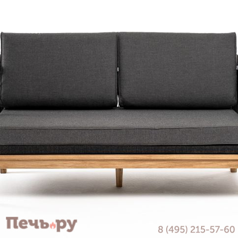 "Канны" диван 2-местный плетеный из роупа, основание дуб, роуп темно-серый круглый, ткань темно-серая 027 фото 2