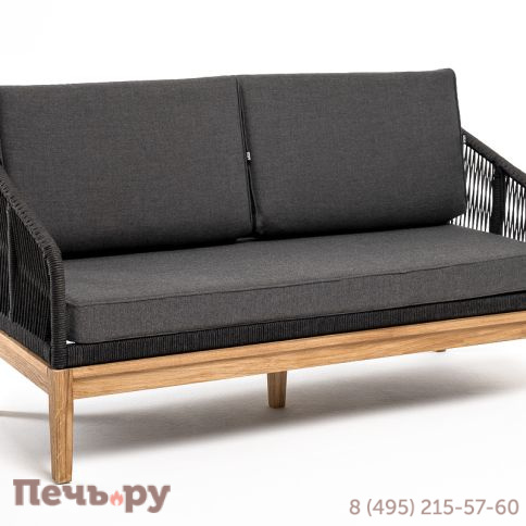 "Канны" диван 2-местный плетеный из роупа, основание дуб, роуп темно-серый круглый, ткань темно-серая 027 фото 3