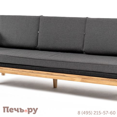 "Канны" диван 3-местный плетеный из роупа, основание дуб, роуп темно-серый круглый, ткань темно-серая 027 фото