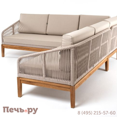 "Канны" диван модульный плетеный из роупа, основание дуб, роуп бежевый круглый, ткань бежевая 052 фото 3