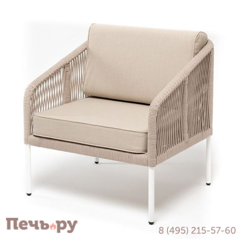 "Канны" кресло плетеное из роупа, каркас алюминий белый муар, роуп бежевый круглый, ткань бежевая 15052, высота посадки 45 см фото