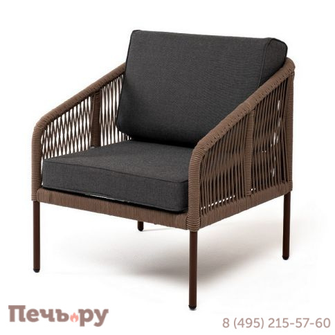 "Канны" кресло плетеное из роупа, каркас алюминий коричневый (RAL8016) муар, роуп коричневый круглый, ткань темно-серая 027 фото