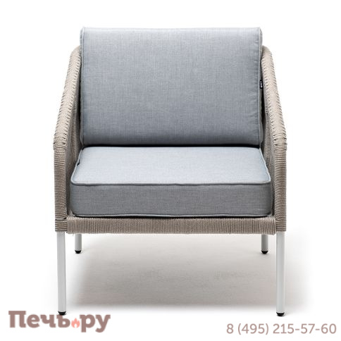 "Канны" кресло плетеное из роупа, каркас алюминий светло-серый (RAL7035) муар, роуп серый меланж круглый, ткань светло-серая фото 2