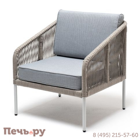 "Канны" кресло плетеное из роупа, каркас алюминий светло-серый (RAL7035) муар, роуп светло-серый круглый, ткань светло-серая фото